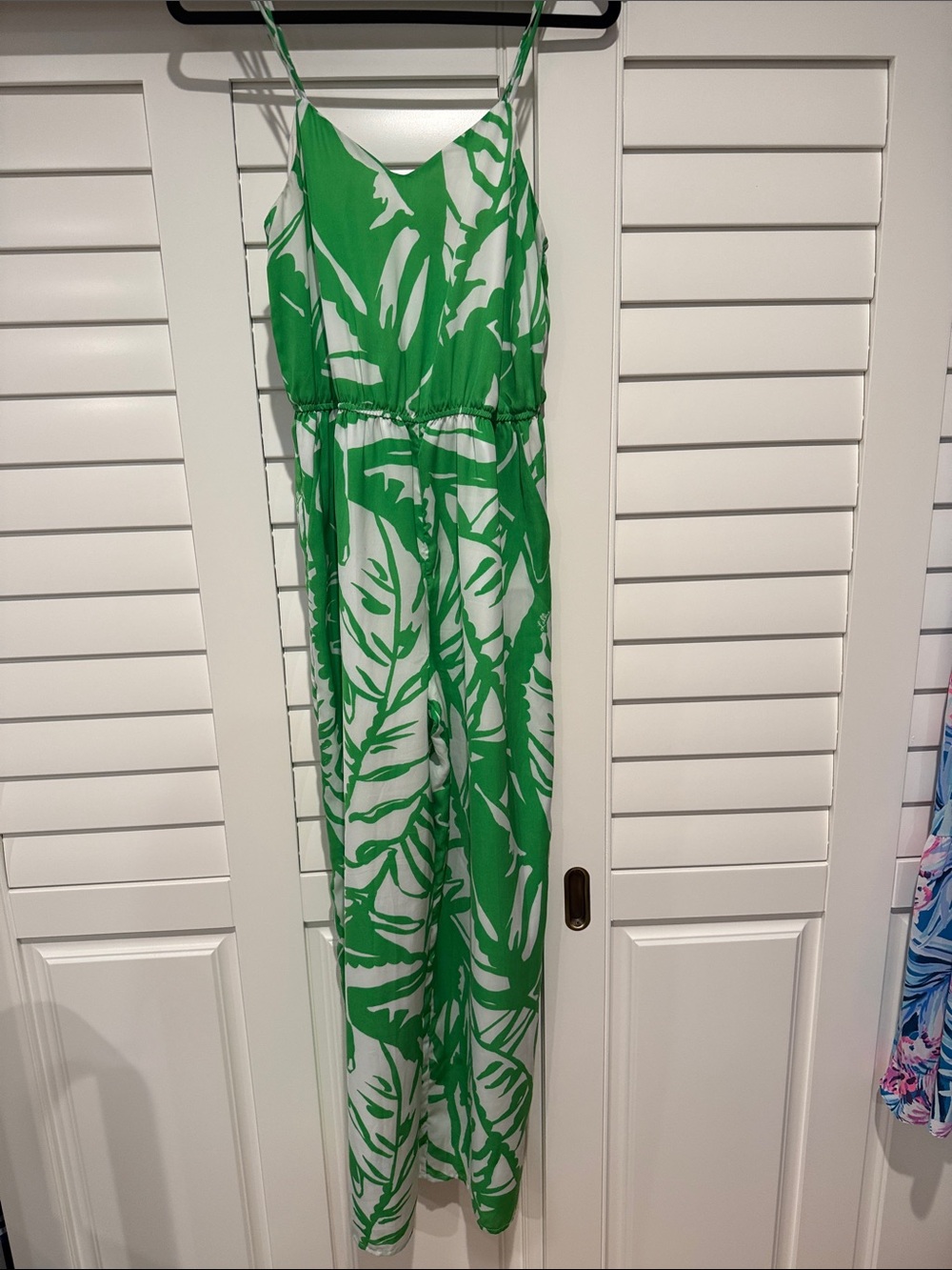 Lilly Pulitzer Green and White Leaf-Print Spaghetti-Strap Jumpsuit
